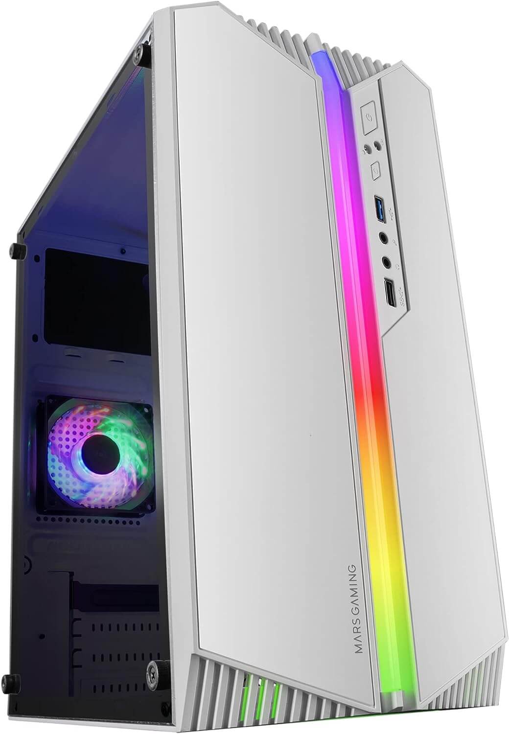 A white desktop computer tower with a front-facing vertical LED light strip and side panel featuring a fan with colorful LED lights.