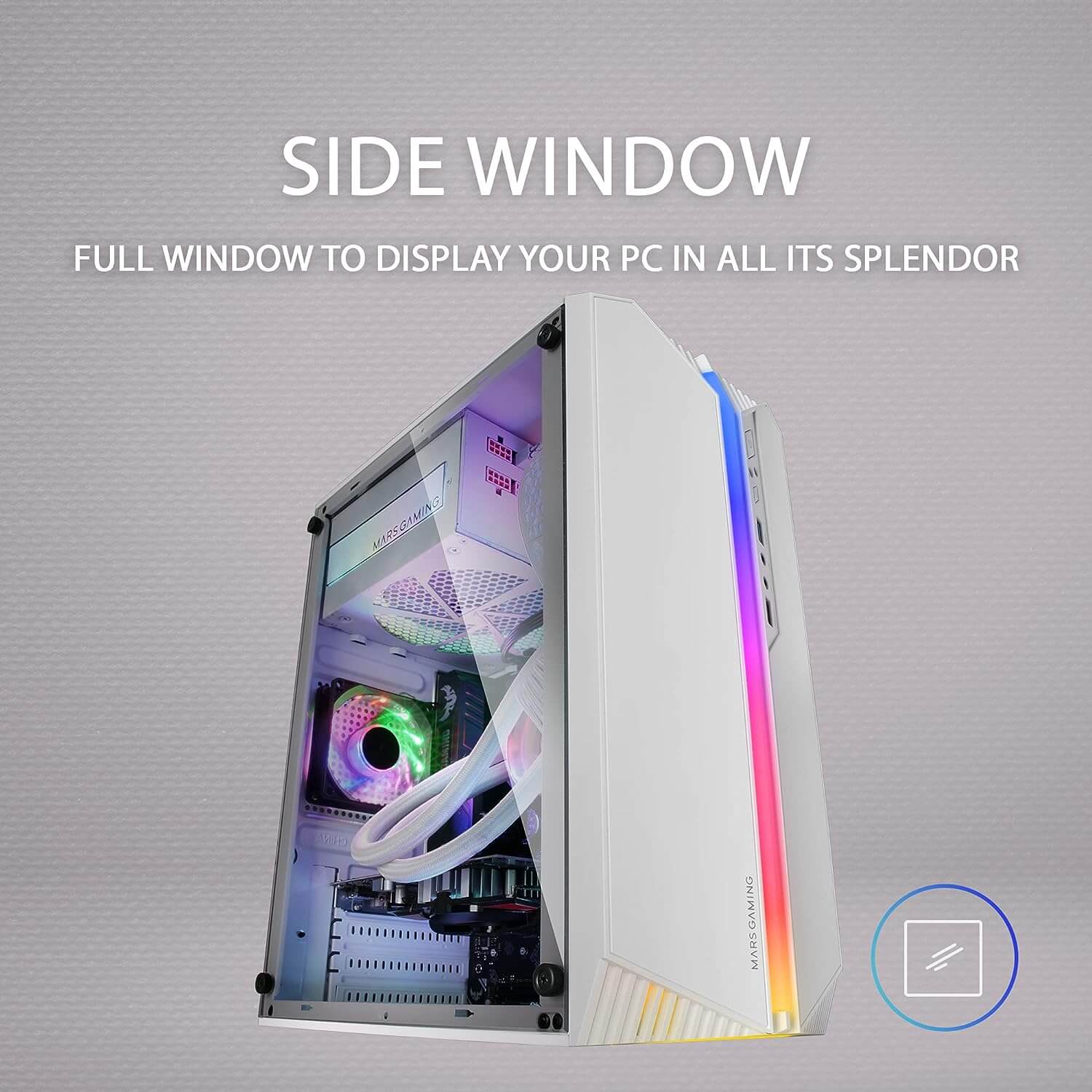 A sleek gaming PC with transparent side panel showcasing internal components and colorful LED lighting, set against a plain background. Text at the top reads "The Window" and describes the PC features.