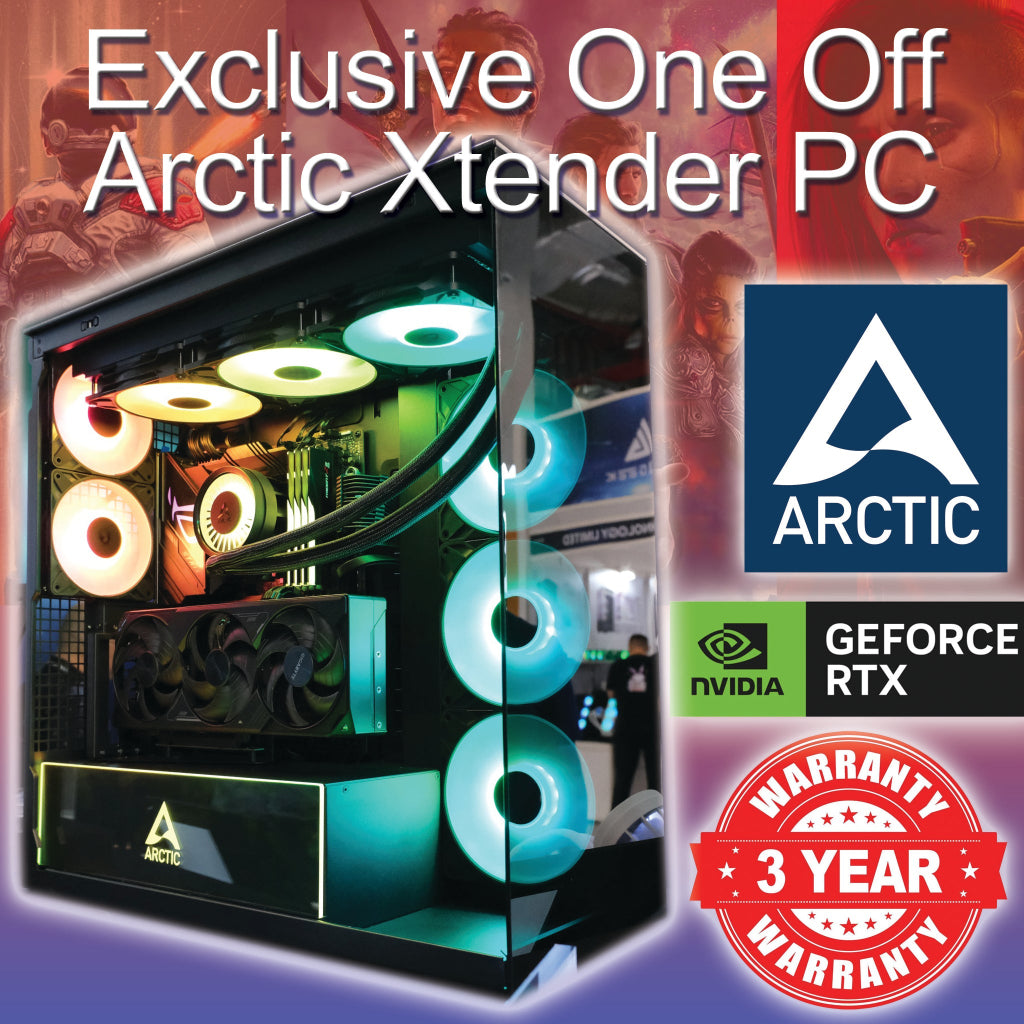 Glossy computer case with green lighting, Arctic logo, NVIDIA GeForce RTX, and 3-year warranty badge on a colorful background.