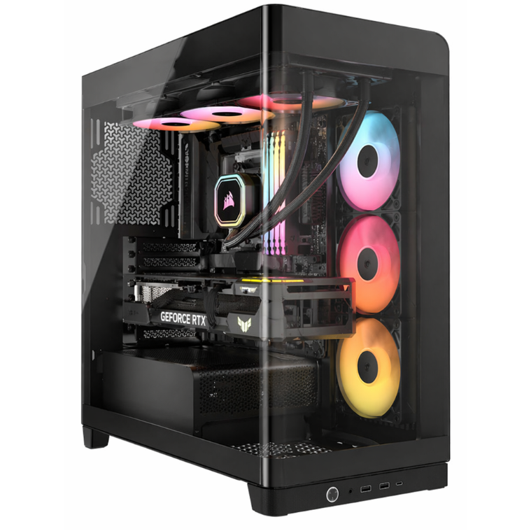 Gaming computer setup with RGB lighting inside a black case on a white background