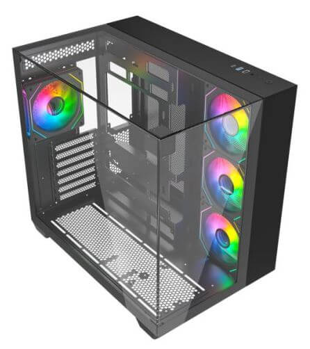 ARGB Visio Gaming PC case with six colorful RGB fans and transparent side panel.