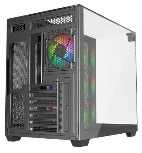 RedHouse ARGB Visio Gaming PC with AMD Ryzen 7 and 6 ARGB fans displayed from the side showing RGB lighting.