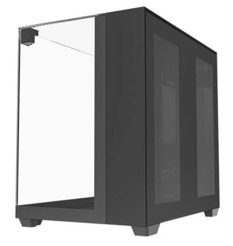 Sleek black RedHouse ARGB Visio Gaming PC case with transparent side panel for bespoke gaming pc with 6 ARGB fans.