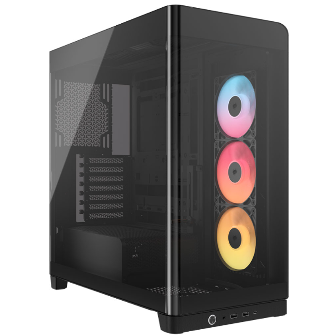 Black computer case with RGB lighting on a white background