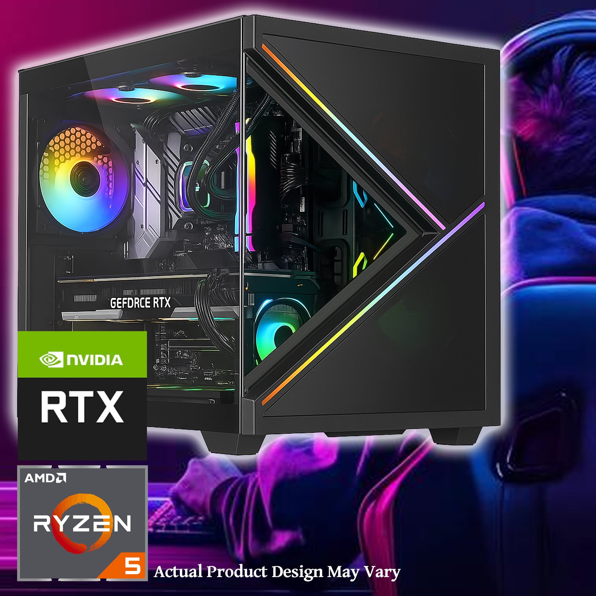 High-Performance RGB Gaming PC – AMD Powered Desktop Computer with GeForce RTX Graphics, Tempered Glass Case & Custom ARGB Cooling
